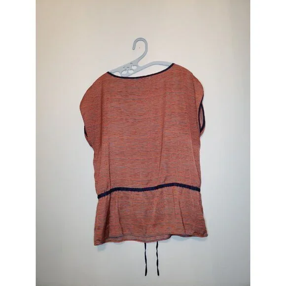 Ann Taylor Womens Sz M Blouse Short Sleeve Stripe Orange Blue Drawstring Waist - Picture 2 of 6